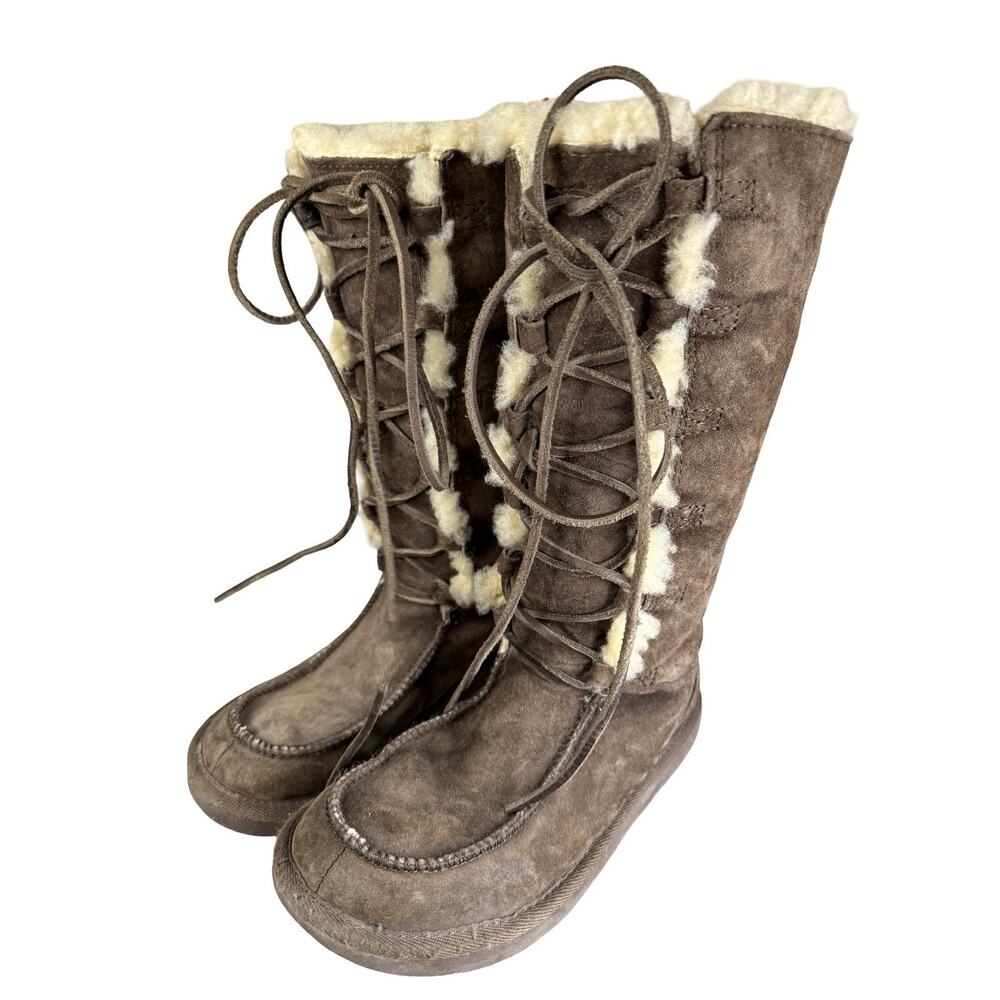 Tall UGG Whitley Brown Moccasin Boots Sheepskin Suede Leather Lace Size 7